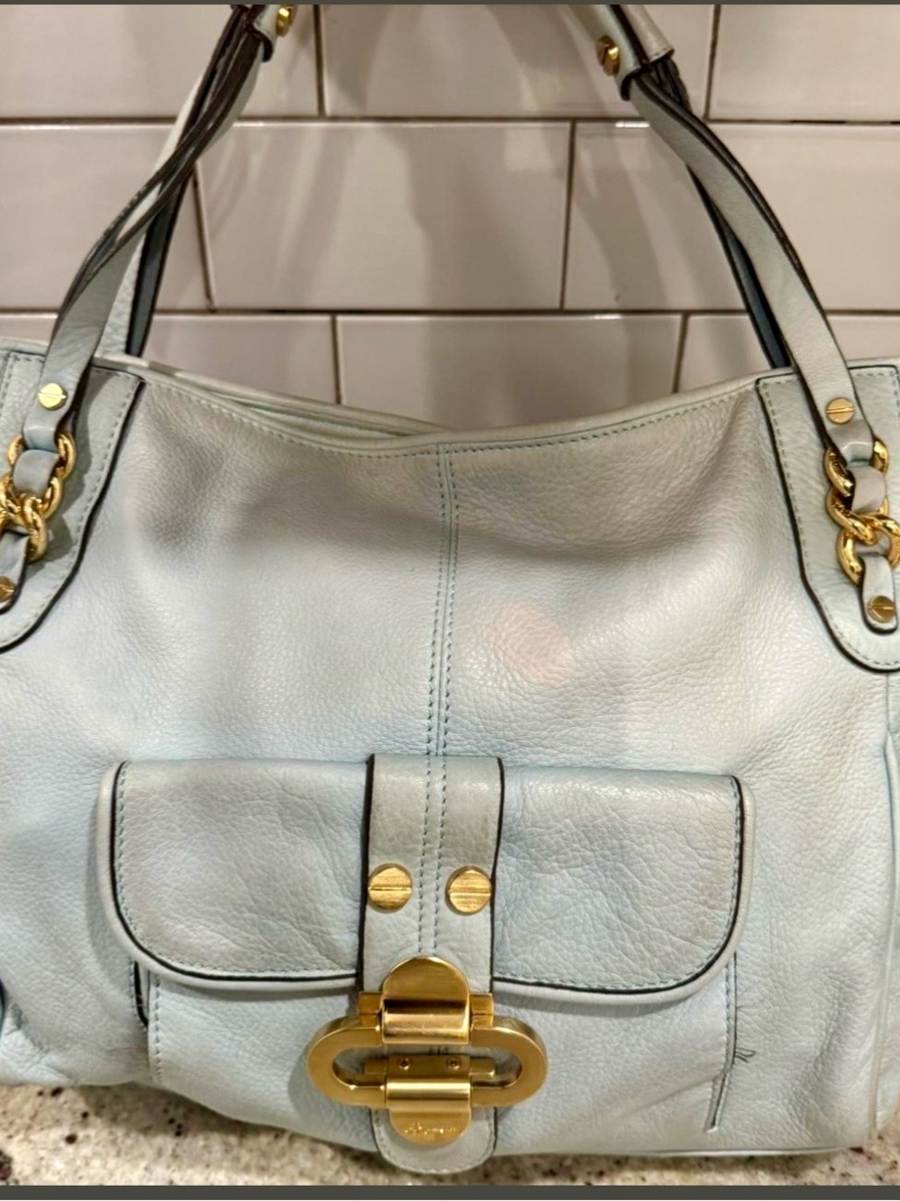 b. makowsky Light Blue Leather Shoulder Bag with Gold Hardware